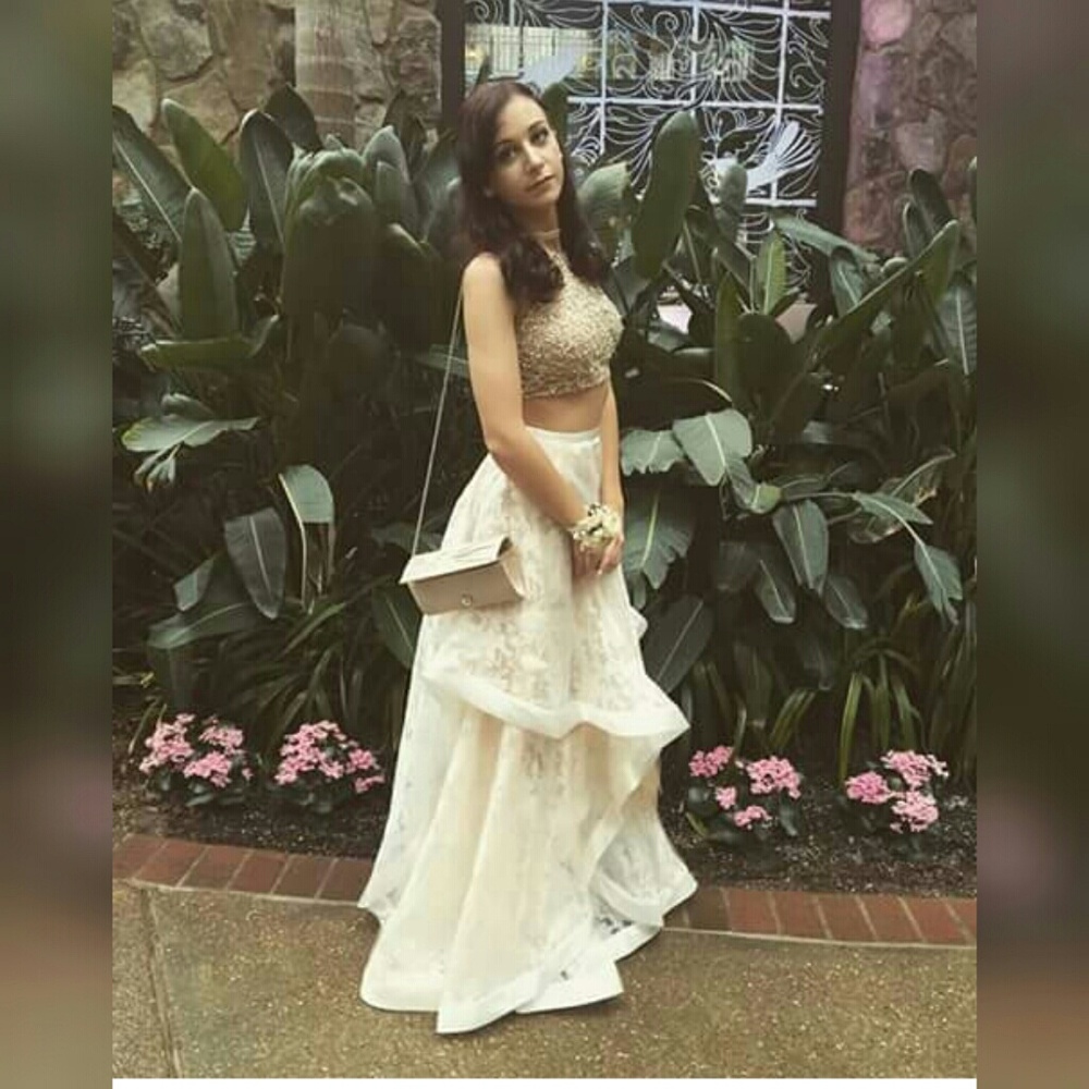 White and beige prom dress